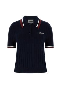 Polo shirt a righe blu navy con colletto a strisce rosse e bianche, maniche corte e logo "Guess" ricamato sul petto.