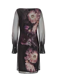 Blumenbedrucktes Kleid mit schwarzem Grund, durchsichtigen langen Ärmeln und Spitzenakzenten an den Bündchen. Es zeigt lebendige pinke und violette Blumen.