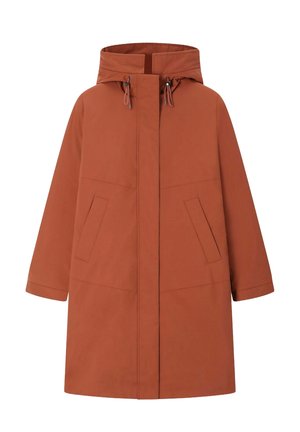 Long manteau à capuche couleur orange rouille, fabriqué en tissu lisse avec une coupe décontractée. Dispose de poches avant, d'une coupe droite et de cordons ajustables.