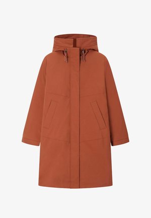 Long manteau à capuche couleur orange rouille, fabriqué en tissu lisse avec une coupe décontractée. Dispose de poches avant, d'une coupe droite et de cordons ajustables.