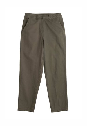 Pantaloni verde oliva con vestibilità dritta, realizzati in cotone. Caratterizzati da tasche frontali e chiusura con bottone. Texture liscia, design minimale.