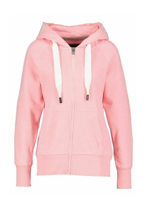 Rosa Zip-Hoodie aus weichem Stoff. Mit Kapuze, weißen Kordeln und Vordertaschen. Rippbündchen und -saum. Einfaches Design.