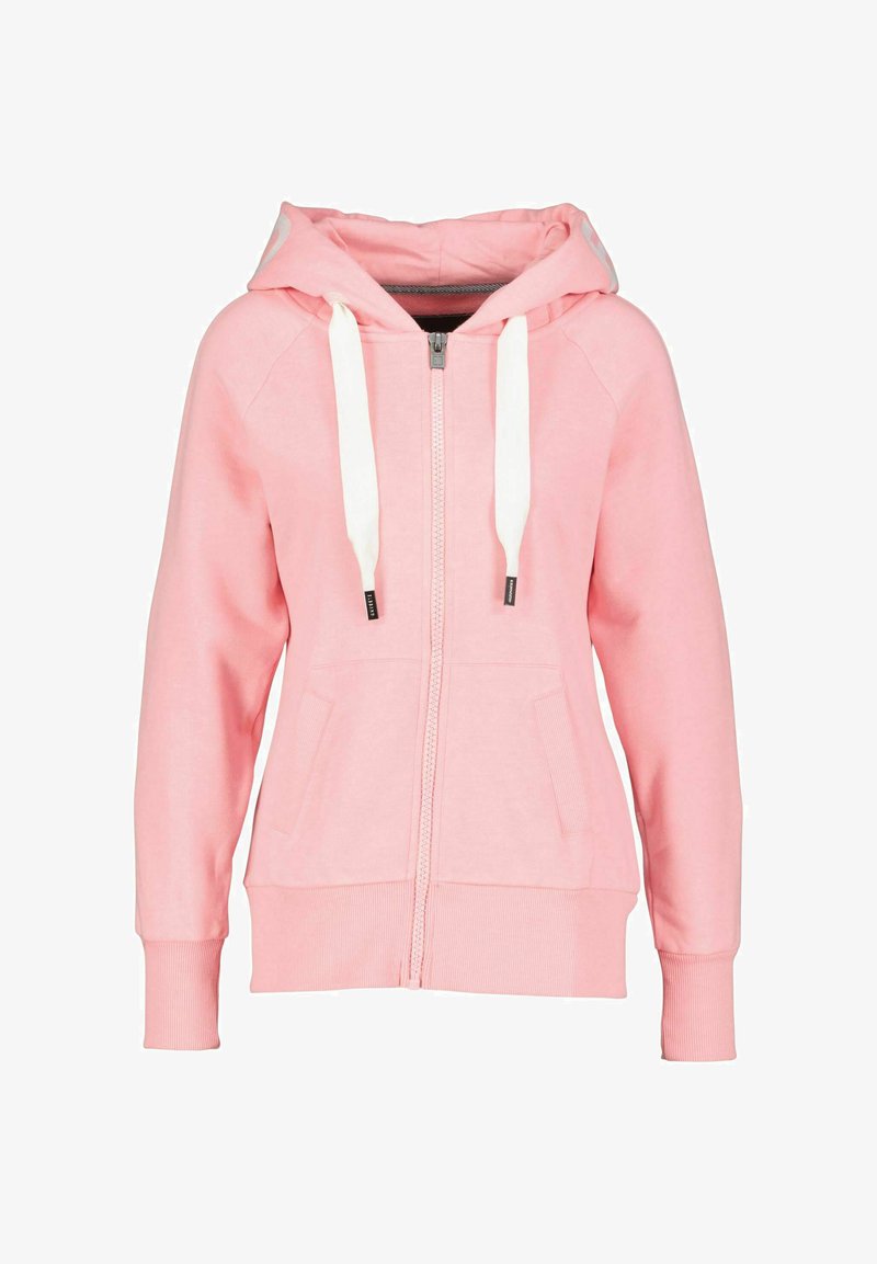 Pink zip-up hoodie made of soft fabric. Features a hood, white drawstrings, and front pockets. Ribbed cuffs and hem. Simple design.
