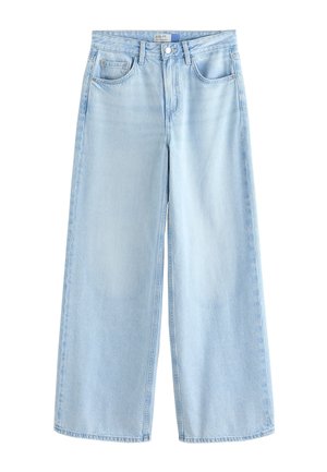 Lyseblå vidde denimjeans med forlommer, bæltestropper og knaplukning.