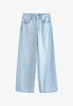 Lichtblauwe denim jeans met wijde pijpen, voorzakken, riemlussen en knoopsluiting.