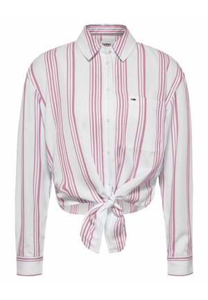 Biała koszula na guziki z pionowymi różowymi paskami, długimi rękawami, kieszenią na piersi, kołnierzykiem i wiązaniem z przodu w talii.