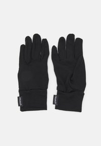 Black gloves made of stretchy fabric, featuring a fitted design with separate finger sections and branded tags on the cuffs.