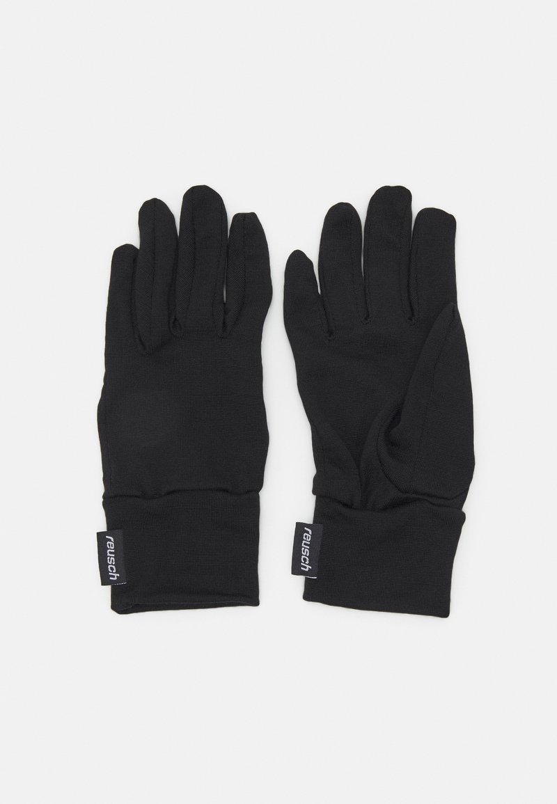 Black gloves made of stretchy fabric, featuring a fitted design with separate finger sections and branded tags on the cuffs.