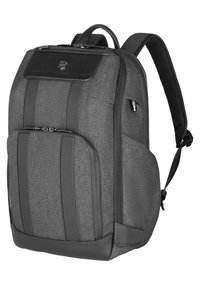 Gray fabric backpack with a structured design, featuring a front pocket, adjustable straps, and black accents for durability. Zipper closures included.