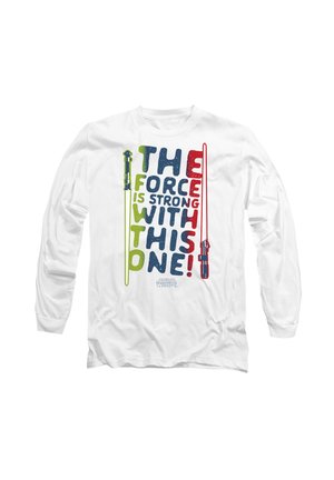 Weißes Langarmshirt mit dem Text „Die Macht ist stark bei diesem!“ flankiert von grünen und roten Lichtschwert-Illustrationen, Star Wars-Logo darunter.