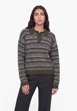 Femme aux longs cheveux foncés portant un pull rayé vert et gris avec un col et un pantalon sombre, debout devant un fond blanc.