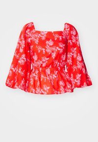 Czerwona bluzka w kwiaty z bufiastymi rękawami, kwadratowym dekoltem i marszczoną talią. Wykonana z lekkiego materiału o fakturowanym wykończeniu.
