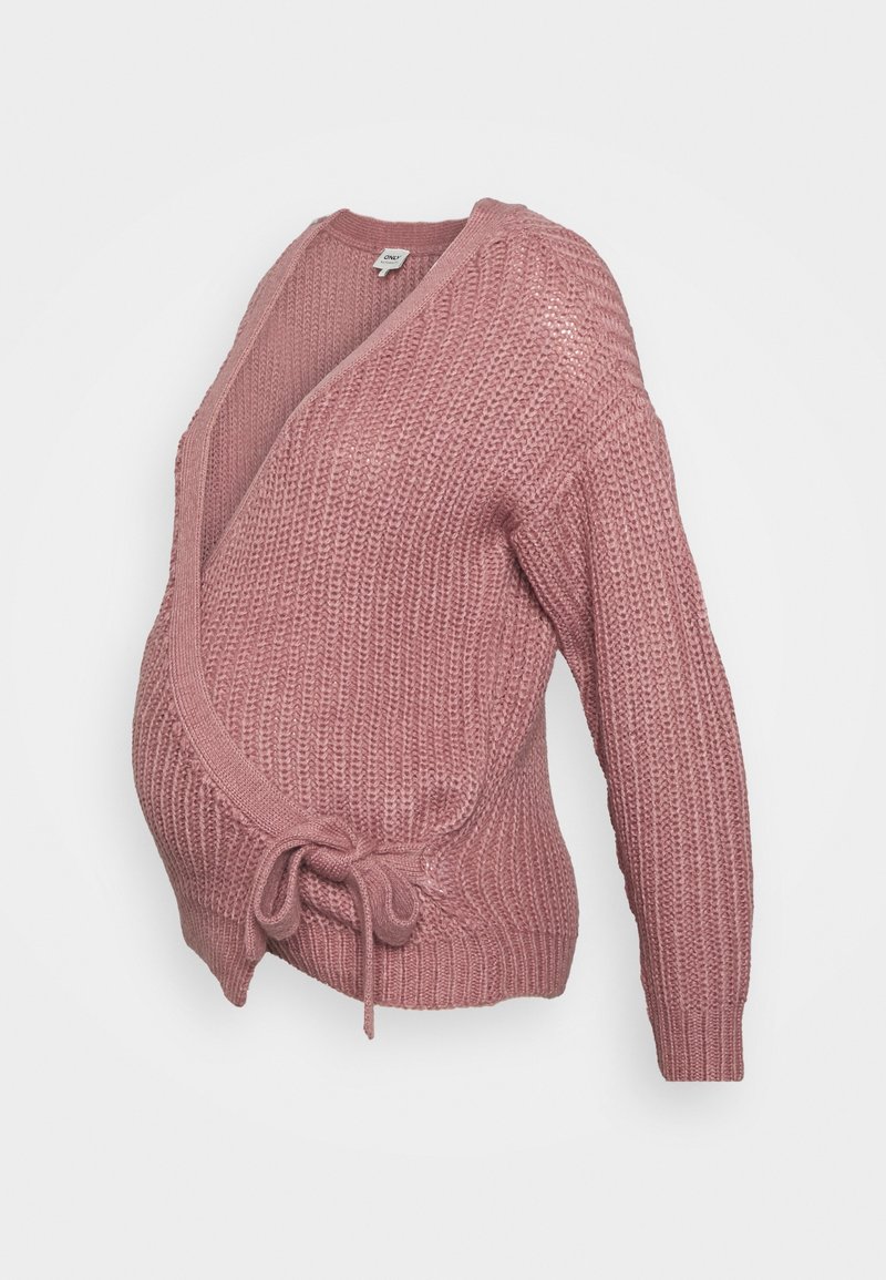 Pull-over de maternité tricoté rose avec manches longues et fermeture à nouer à l'avant, présenté sur un fond blanc.