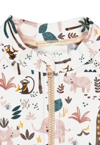 Einteiler-Badeanzug für Kinder in Creme mit Reißverschluss, der verspielte Tier- und Pflanzenmuster in Pastellfarben und sanften Texturen zeigt.