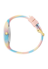 Montre en silicone colorée avec un boîtier lisse et rond, ornée d'un motif pastel de rose, jaune et bleu ; elle est dotée d'une couronne et d'un fermoir en or.