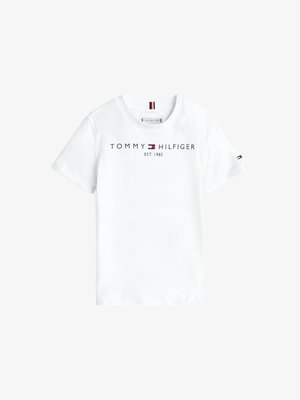 T-shirt de algodão branco com mangas curtas. Apresenta "TOMMY HILFIGER EST. 1985" impresso em preto. Pequenos logótipos nos mangas.