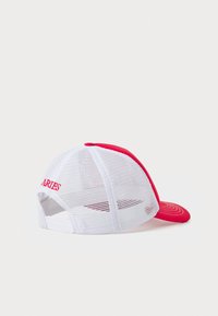 Red baseball cap with a solid front and white mesh back, featuring a curved visor and embroidered logo on the side.