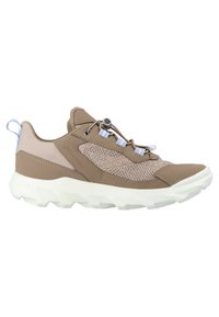 Scarpe sportive marroni con dettagli in rete, suola bianca spessa e lacci elastici. Presentano un'asola sul tallone e un design elegante.