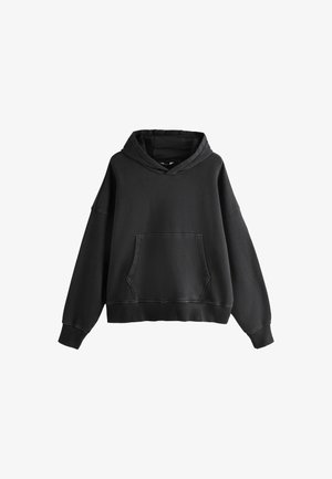 Black hooded sweatshirt with a front pocket, oversized fit, ribbed cuffs, and hemmed edges, made from soft fabric with a smooth texture.
