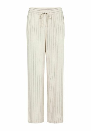 Light beige pants made of soft fabric, featuring vertical dark stripes, an elastic waistband with a drawstring, and a relaxed fit.