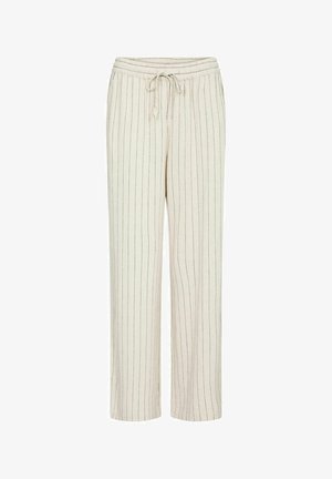 Light beige pants made of soft fabric, featuring vertical dark stripes, an elastic waistband with a drawstring, and a relaxed fit.