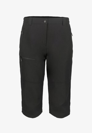 Schwarze knielange Outdoor-Shorts mit Reißverschlusstaschen an der Seite und Knopfverschluss in der Taille.