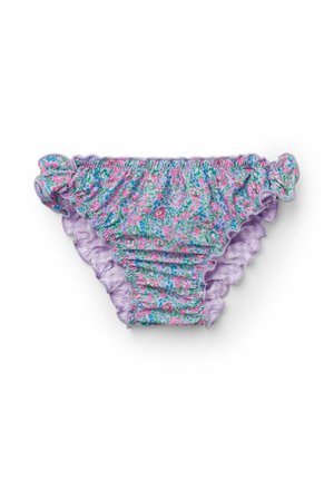 Bas de maillot de bain pour filles à motif floral avec des fleurs roses et bleues, des bords volantés lavande et des détails noués sur les côtés.