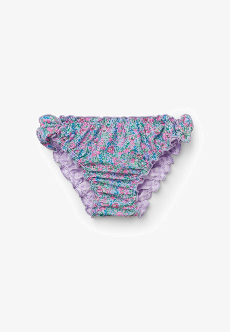 Bas de maillot de bain pour filles à motif floral avec des fleurs roses et bleues, des bords volantés lavande et des détails noués sur les côtés.