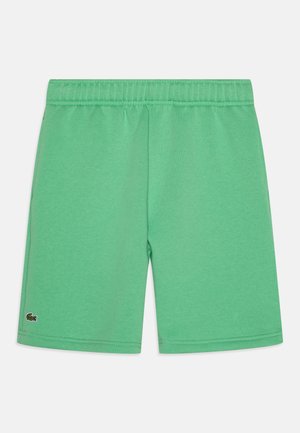 Grüne Baumwollshorts mit einem elastischen Bund und einem kleinen gestickten Logo am Saum. Glatte Textur und knielanges Design.
