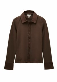 Brown long-sleeve shirt with a button-down front, ribbed texture and a contrasting collar. Made from soft fabric with subtle stitching details.