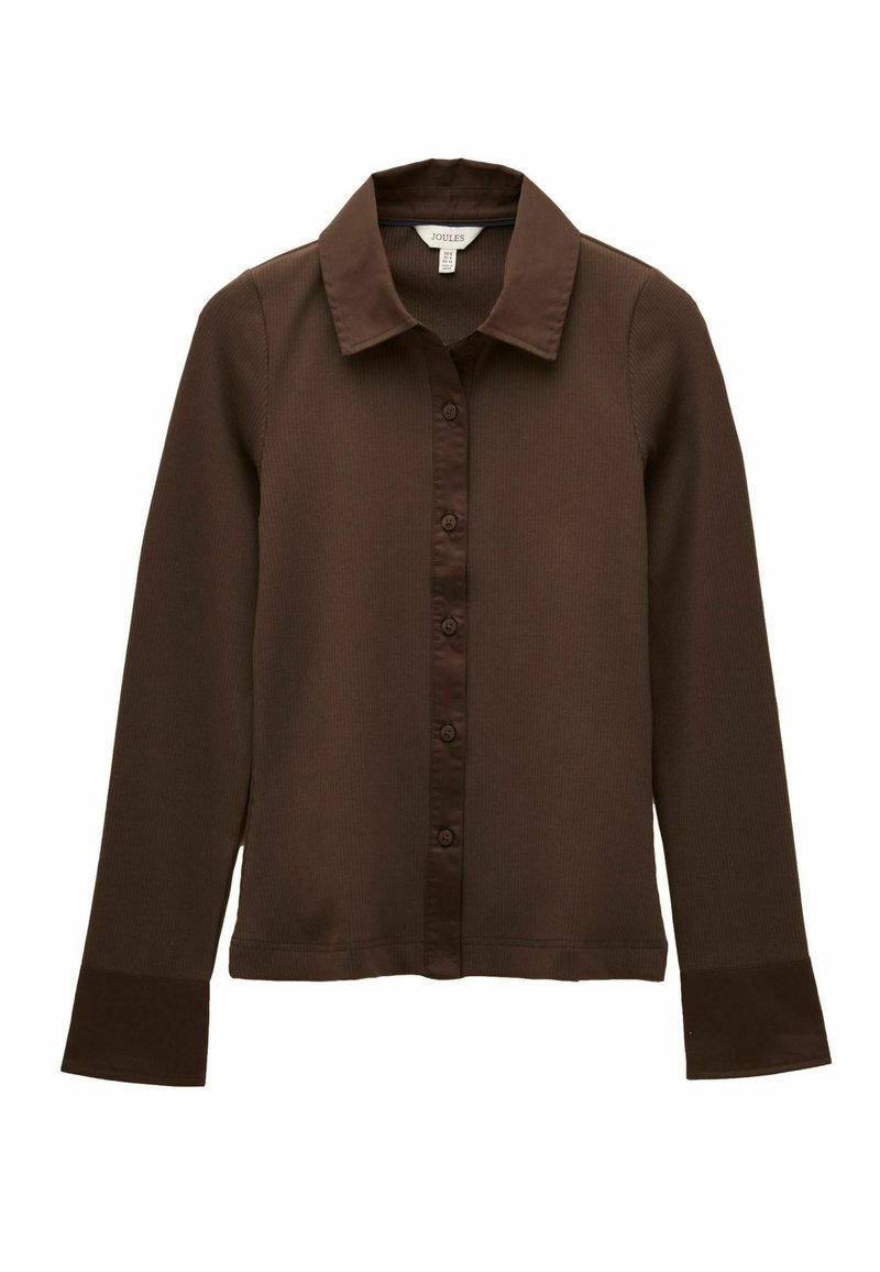 Brown long-sleeve shirt with a button-down front, ribbed texture and a contrasting collar. Made from soft fabric with subtle stitching details.