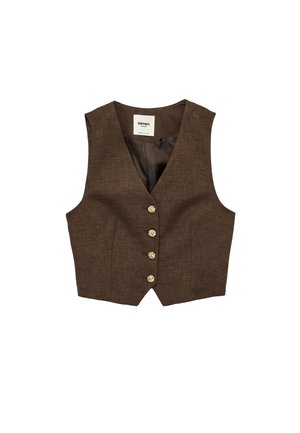 Brun skræddersyet vest med fire teksturerede guldknapper, V-hals og ærmeløs design, mærket "Koton Premium".