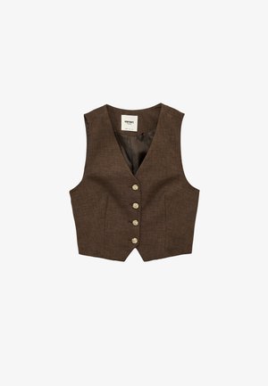 Ruskea räätälöity liivi, jossa on neljä teksturoitua kultanappia, V-pääntie ja hihaton malli, merkkiä "Koton Premium".