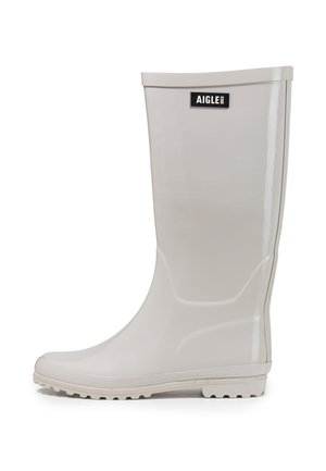 Botte de pluie en caoutchouc grise avec une finition lisse, un bout arrondi et une semelle texturée pour une meilleure adhérence. Présente un label de la marque à l'avant.