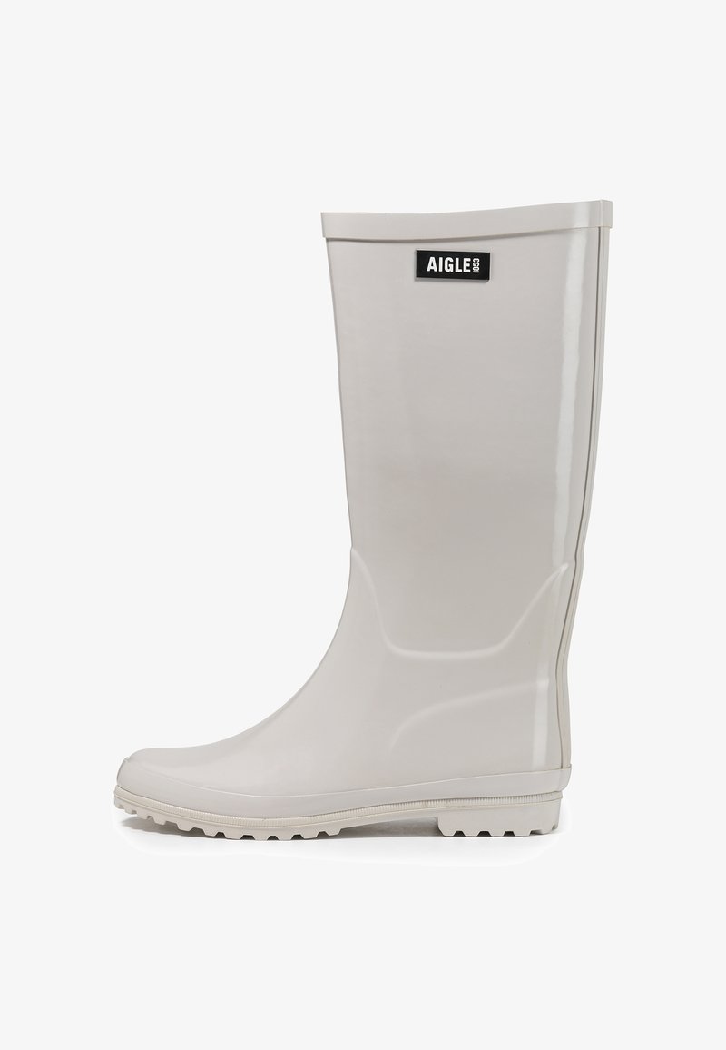 Botte de pluie en caoutchouc grise avec une finition lisse, un bout arrondi et une semelle texturée pour une meilleure adhérence. Présente un label de la marque à l'avant.