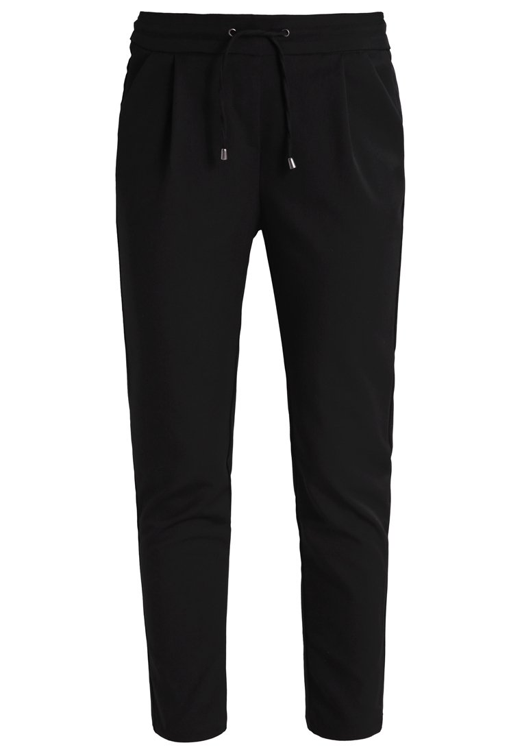 Pantaloni neri a sigaretta con vita regolabile tramite stringa, frontale plissettato e texture liscia. Presentano elementi in metallo argentato alle estremità della stringa.