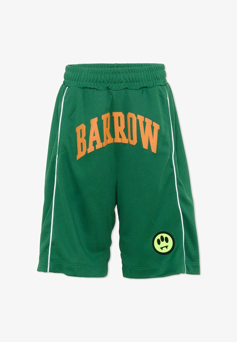 Shorts de sport verts avec ceinture élastique, bandes blanches sur les côtés, "BARROW" en orange sur le devant, et un visage souriant vert avec des crocs près de l'ourlet.