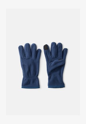 Marineblauwe fleece handschoenen met vijf vingers, elastiek bij de pols en een gestructureerd oppervlak; duim heeft een zwarte accent voor grip.