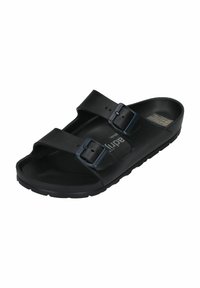 Black sandals with two adjustable straps and metal buckles. Made from rubber-like material, featuring a contoured footbed and textured sole.