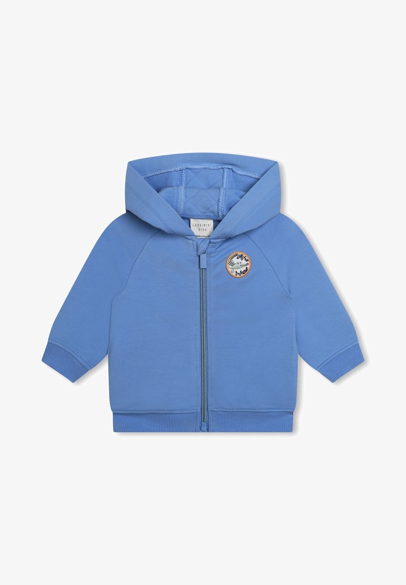 Felpa con zip di colore blu chiaro, realizzata in tessuto morbido, dotata di tasca a marsupio e di un patch rotondo ricamato sul lato sinistro del petto.