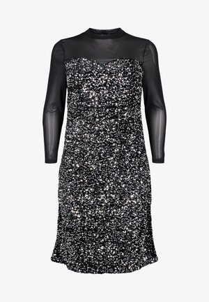Schwarzes Paillettenkleid mit taillierter Silhouette, ausgestattet mit einem transparenten langärmeligen Overlay und hohem Kragen, verziert mit funkelnden Pailletten.