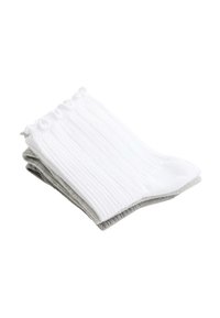 Deux paires de chaussettes en coton côtelé, une blanche et une grise, pliées et empilées sur un fond blanc.