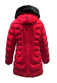 Rote Pufferjacke mit einer Kapuze aus Kunstfell, gestepptem Design, zwei Fronttaschen und einem glatten, glänzenden Stofffinish.