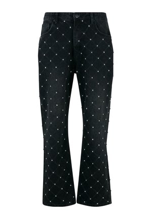 Black denim jeans featuring a diamond quilted pattern adorned with small silver studs, straight leg design, and standard five-pocket style.