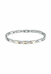 Bracciale in metallo di tonalità argento con maglie rettangolari. Presenta dettagli in oro tra alcune maglie, finitura lucida e un design piatto e elegante.