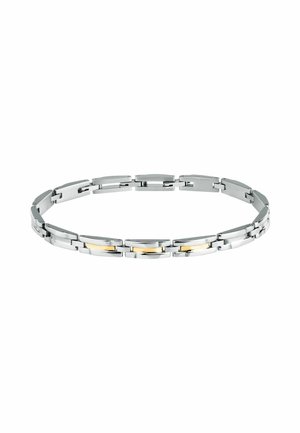 Bracciale in metallo di tonalità argento con maglie rettangolari. Presenta dettagli in oro tra alcune maglie, finitura lucida e un design piatto e elegante.