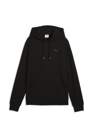 Czarna bluza z kapturem z długim rękawem, kieszenią typu kangurka z przodu, kapturem ze sznurkiem i małym logo Puma na lewej piersi.