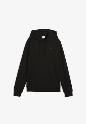 Czarna bluza z kapturem z długim rękawem, kieszenią typu kangurka z przodu, kapturem ze sznurkiem i małym logo Puma na lewej piersi.