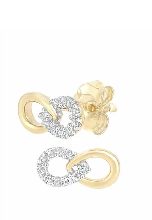 Naušnice od metala u zlatnoj boji s isprepletenim petljama, jedna ukrašena prozirnim cirkonima, glatke teksture s poliranim završetkom.