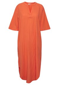 Orange linneklänning med avslappnad passform, V-ringning, korta ärmar och sidospjäll. Har en strukturerad yta och knälång design.